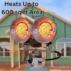 construction site lifestyle image of double burner tank top heater turned on