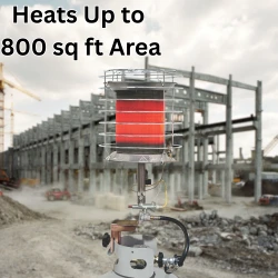 lifestyle construction site with Heat Up to 800 sq ft area image of a 360 degree tank top heater turned on