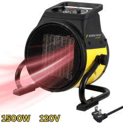 front image of electric ceramic heater with heat flow, 1500 Watts, 240 Volts and image of plug type