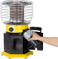 INSTALLING 1 1LB PROPANE TANK IN BLACK AND YELLOW PORTABLE 360Ã‚Â° PROPANE RECREATIONAL HEATER
