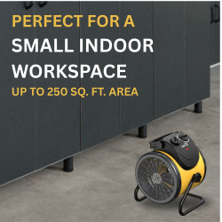 image of electric forced air hot air circulator noting it heats up to 250 square foot area