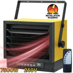 front left angled image of 240 volt hard-wire electric heater showing 7500 Watt, 240 Volt, hardwired installation required image and remote control image