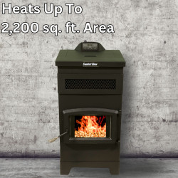 image of freestanding pellet stove noting heats up to 2,200 square foot area
