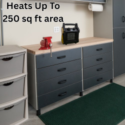 image of portable electric forced air workspace heater noting it heats up to 250 sq ft area