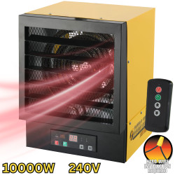 front left angled image of hard-wire electric heater showing 10000 Watt, 240 Volt, hardwired installation required image and remote control image