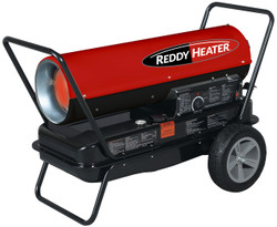 RED AND BLACK KEROSENE FORCED AIR HEATER WITH 2 TIRES AND CARRY HANDLE