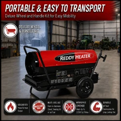 image of 400,000 btu Reddy Heater kerosene forced air heater showing it is portable and easy to transport via the carry handle