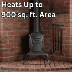 lifestyle image of comfort glow cast iron wood burning stove stating it heats up to 900 square foot area