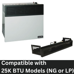 image of 25,000 BTU Direct Vent Heater and Blower Attachment with a note saying it is compatible with 25K BTU Models that run on either natural gas or liquid propane