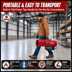 image of 150,000 btu Reddy Heater propane forced air heater showing it is portable and easy to transport via the carry handle
