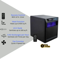 features of heater: remote control with 12 hr timer, heats up to 600 sq ft, UV-C bulb sanitizes up to 165 sq ft, sanitizes 110 times per day/5 air exhanges per hour, fan only function