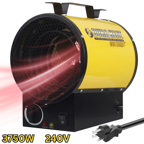 front image of mountable corded garage heater with 3750 watts, 240 volt, plug and heat flow showing front image of mountable corded garage heater with 3750 watts, 240 volt, plug and heat flow showing