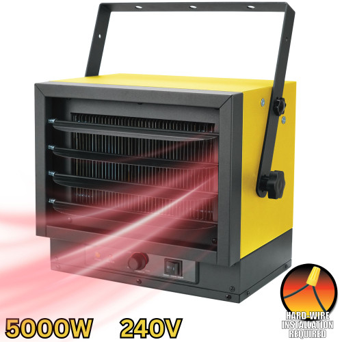 front left angled image of hard-wire electric heater showing 5000 Watt, 240 Volt, hardwire required image and heat flow images front left angled image of hard-wire electric heater showing 5000 Watt, 240 Volt, hardwire required image and heat flow images