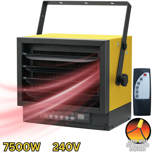 front left angled image of hard-wire electric heater showing 7500 Watt, 240 Volt, hardwired installation required image and remote control image front left angled image of hard-wire electric heater showing 7500 Watt, 240 Volt, hardwired installation required image and remote control image