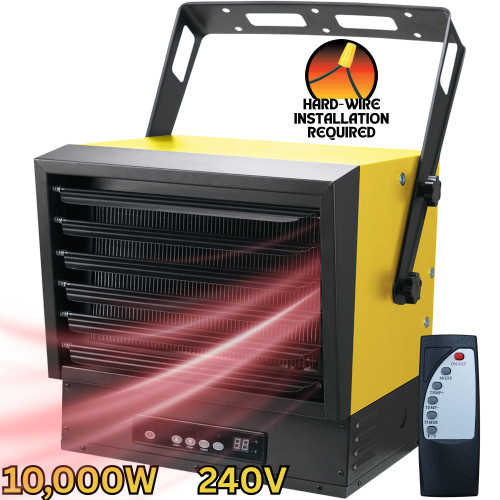 front left angled image of 240 volt hard-wire electric heater showing 10000 Watt, 240 Volt, hardwired installation required image and remote control image