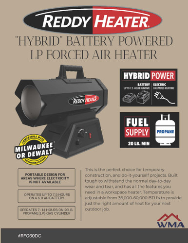 Reddy Heater "Hybrid" Battery Powered LP Forced Air Heater - RFG60DC Reddy Heater "Hybrid" Battery Powered LP Forced Air Heater - RFG60DC