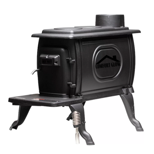 front view of cast iron wood stove with silver spring handle front view of cast iron wood stove with silver spring handle