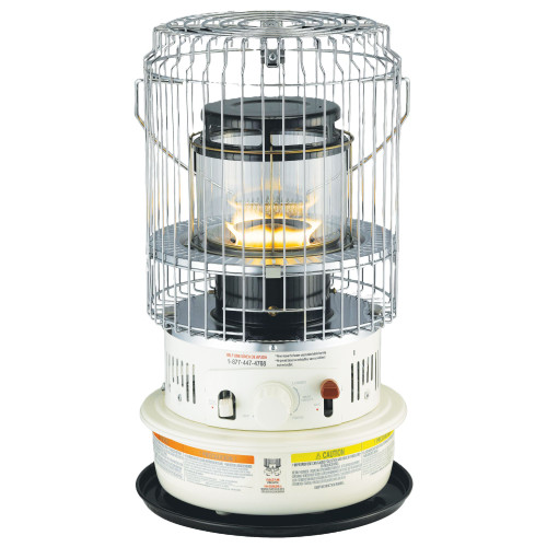 FRONT VIEW OF COMPACT CONVECTION KEROSENE HEATER BURNING WITH WICK ADJUSTER KNOB, RED IGNITION LEAVER AND EXTINGUISH LEAVER VISIBLE FRONT VIEW OF COMPACT CONVECTION KEROSENE HEATER BURNING WITH WICK ADJUSTER KNOB, RED IGNITION LEAVER AND EXTINGUISH LEAVER VISIBLE