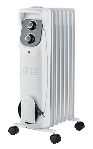 MAIN VIEW OF WHITE 7 FINNED RADIATOR STYLE HEATER WITH CONTROL KNOBS ON THE FRONT