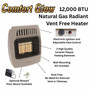product features call out with close up images of Comfort Glow 12,000 BTU infrared radiant vent free heater, natural gas