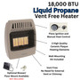 product features with close up images of Comfort Glow 18,000 BTU infrared radiant vent free heater, propane