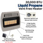 product features with close up images of Comfort Glow 30,000 BTU infrared radiant vent free heater, propane