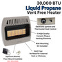 product features with close up images of Comfort Glow 30,000 BTU infrared radiant vent free heater, propane