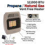 product features call out with close up images of Comfort Glow 12,000 BTU infrared radiant vent free heater, propane or natural gas