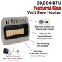 product features call out with close up images of Comfort Glow 30,000 BTU infrared radiant vent free heater, natural gas