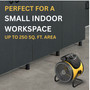 image of electric forced air hot air circulator noting it heats up to 250 square foot area
