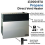 product features with close up images of Comfort Glow 17000 BTU liquid propane direct vent heater