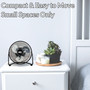 lifestyle image of season comfort 9 inch personal desk fan stating it is compact and easy to move for small spaces only