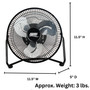 product dimension image of the Seasons Comfort black 9 inch personal desk fan