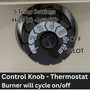 images of Comfort Glow 30,000 BTU infrared radiant vent free heater, natural gas, featuring a thermostatic control knob that will cause the burner to cycle on and off per the thermostat