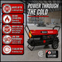 image of 220,000 btu Reddy Heater kerosene forced air heater highlighting the product features and that it helps you power through the cold