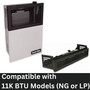 image of 11,000 BTU Direct Vent Heater and Blower Attachment with a note saying it is compatible with 11K BTU Models that run on either natural gas or liquid propane