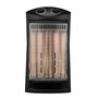 FRONT VIEW OF BLACK QUARTZ TOWER HEATER WITH BULBS GLOWING