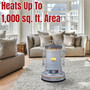 lifestyle image of comfort glow 23,800 btu convection style kerosene heater noting it heats up to 1,000 sq ft area