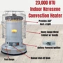 product feature call outs with close up image of comfort glow 23,800 btu convection style kerosene heater