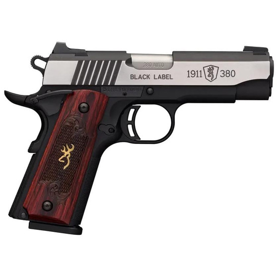 Browning 1911 380 Black Label Medallion Pro Handgun 380 ACP 8rd Magazine 4.25" Barrel Black with Silver Slide and Wood Grip 3-Dot Sights Browning 1911 380 Black Label Medallion Pro Handgun 380 ACP 8rd Magazine 4.25" Barrel Black with Silver Slide and Wood Grip 3-Dot Sights