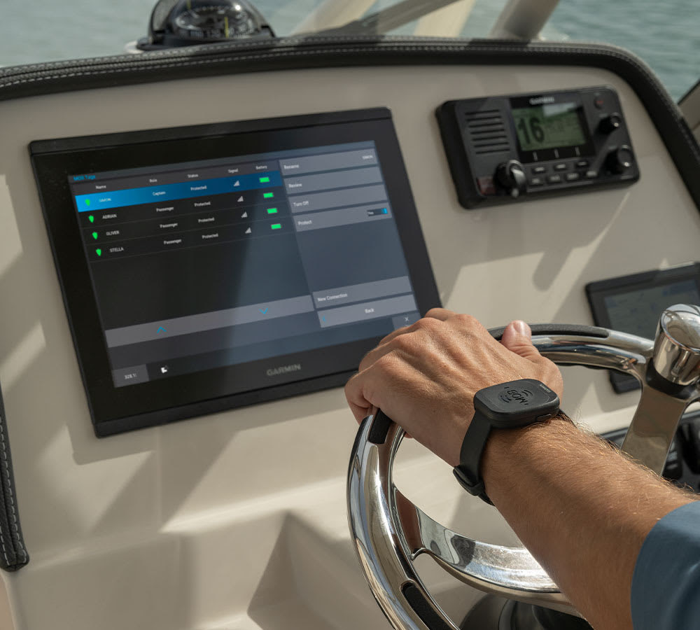 Chartplotter integration provides automatic MOB waypoint recording at the time of MOB detection, along with audible alarms from the chartplotter.