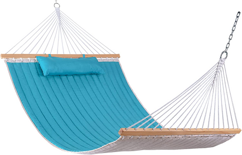 Lazy Daze Hammocks Quilted Fabric Hammock with Spreader Bar, 2 Person Double Hammock with Pillow and Chains, Hammock for Outdoor Outside Patio Poolside Backyard Beach 450 lbs Capacity (Blue)