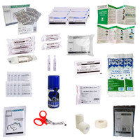Contents of Rugby Immediate First Aid Kit Refill including bandages, sprays, and dressings