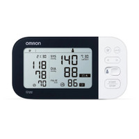 Omron M7 Intelli IT blood pressure monitor with active display showing measurement results