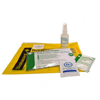 Bodily Fluid Disposal Kit with gloves, apron, absorbent pads, disinfectant wipes, and a biohazard bag for safe spill cleanup in healthcare, schools, and care homes