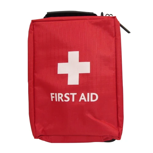 DS Medical Trauma First Aid Kit – front view showing red pouch with carry handle and bold First Aid print