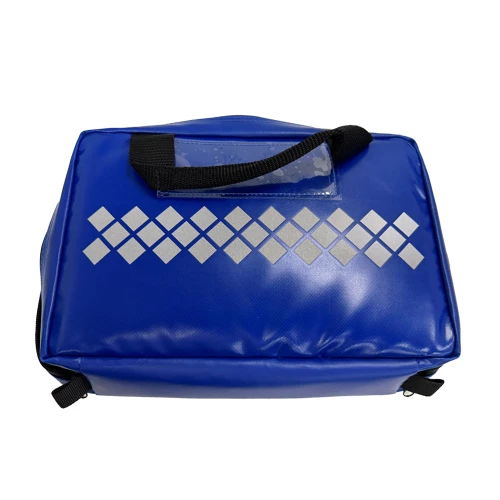 a small blue iv cannulation bag with reflective chevrons on one side