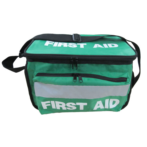 Highlights the adjustable shoulder strap and First Aid wording