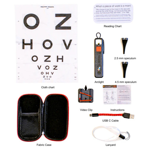 Arclight Ophthalmoscope Loupe Otoscope - a versatile, compact diagnostic tool combining an ophthalmoscope, loupe, and otoscope. Features LED illumination, solar and USB-C charging, and is ideal for comprehensive eye, ear, and skin examinations. Lightweight and portable, perfect for healthcare professionals in diverse settings