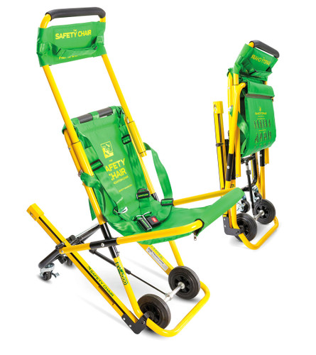 yellow safety evacuation chair show folded & unfolder ready for use